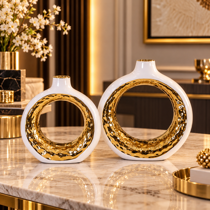 Luxe White & Hammered Gold Ring Vase Set of 2 By PK LUXUS™