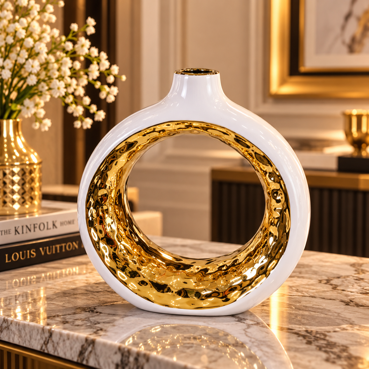 Luxe White & Hammered Gold Ring Vase Set of 2 By PK LUXUS™