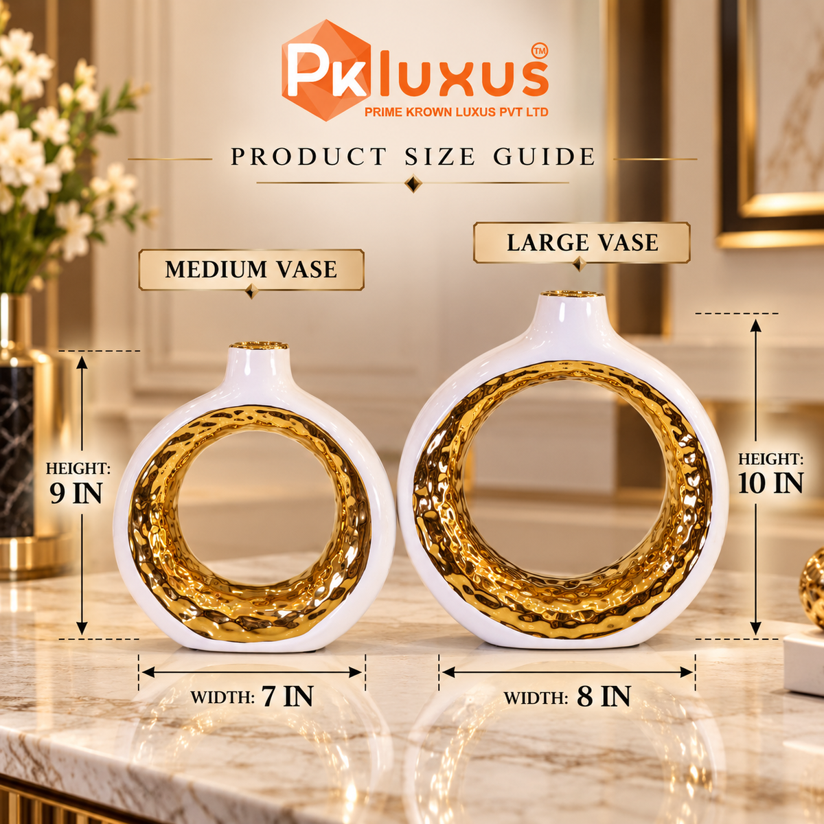 Luxe White & Hammered Gold Ring Vase Set of 2 By PK LUXUS™