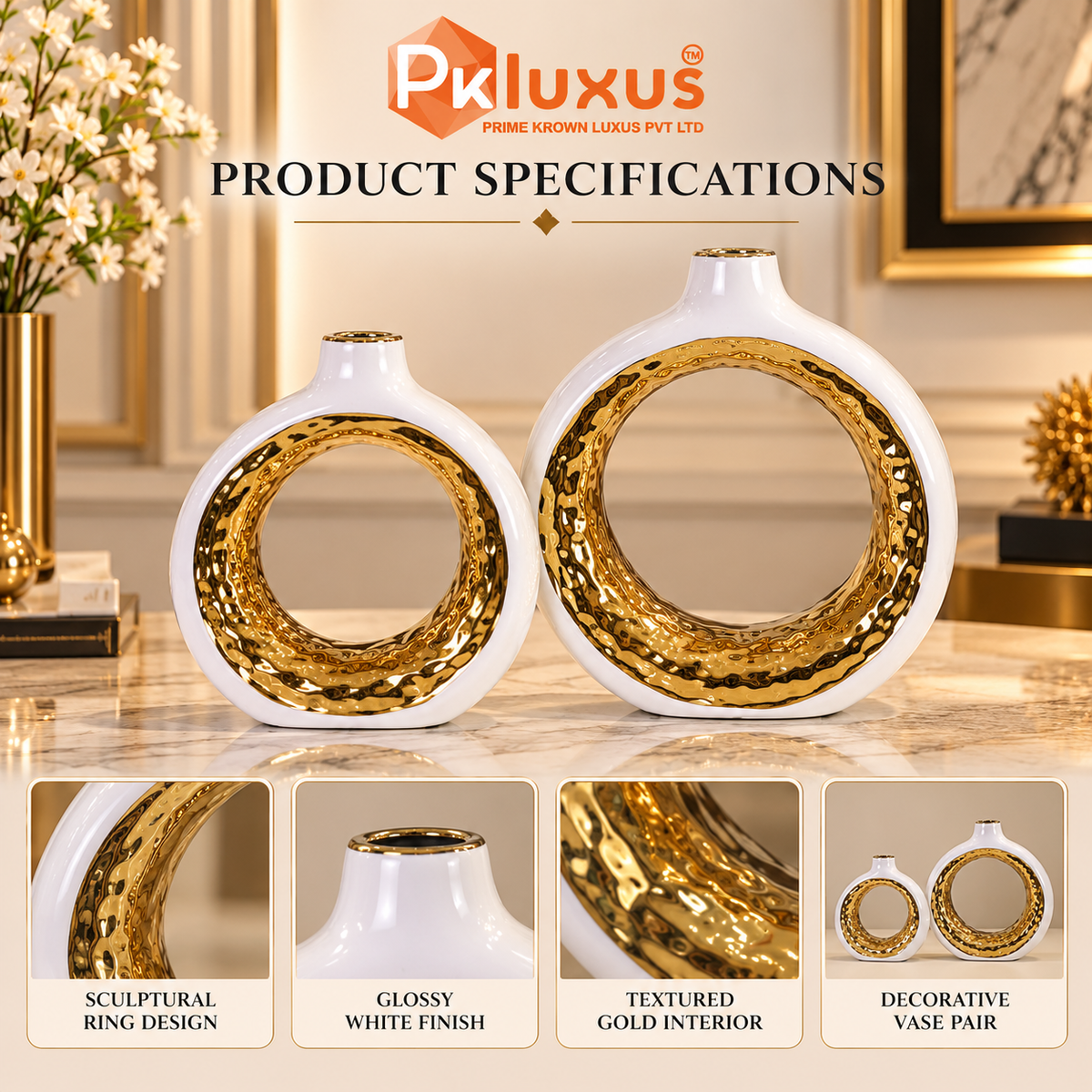 Luxe White & Hammered Gold Ring Vase Set of 2 By PK LUXUS™