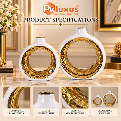 Luxe White & Hammered Gold Ring Vase Set of 2 By PK LUXUS™