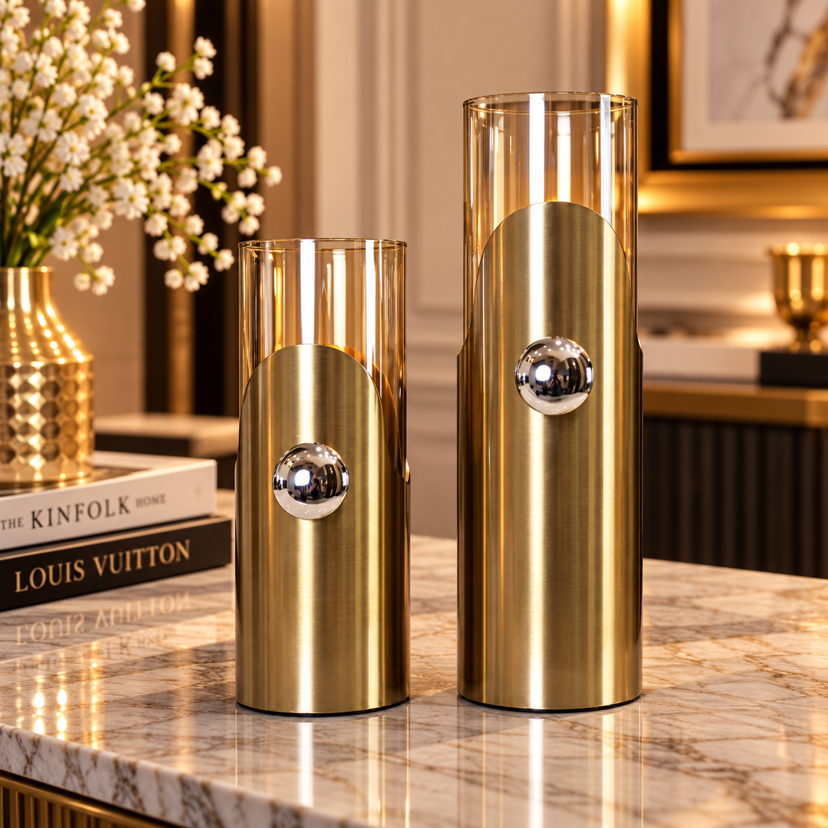 Champagne Glass & Gold Accent Vase Set of 2 By PK LUXUS™