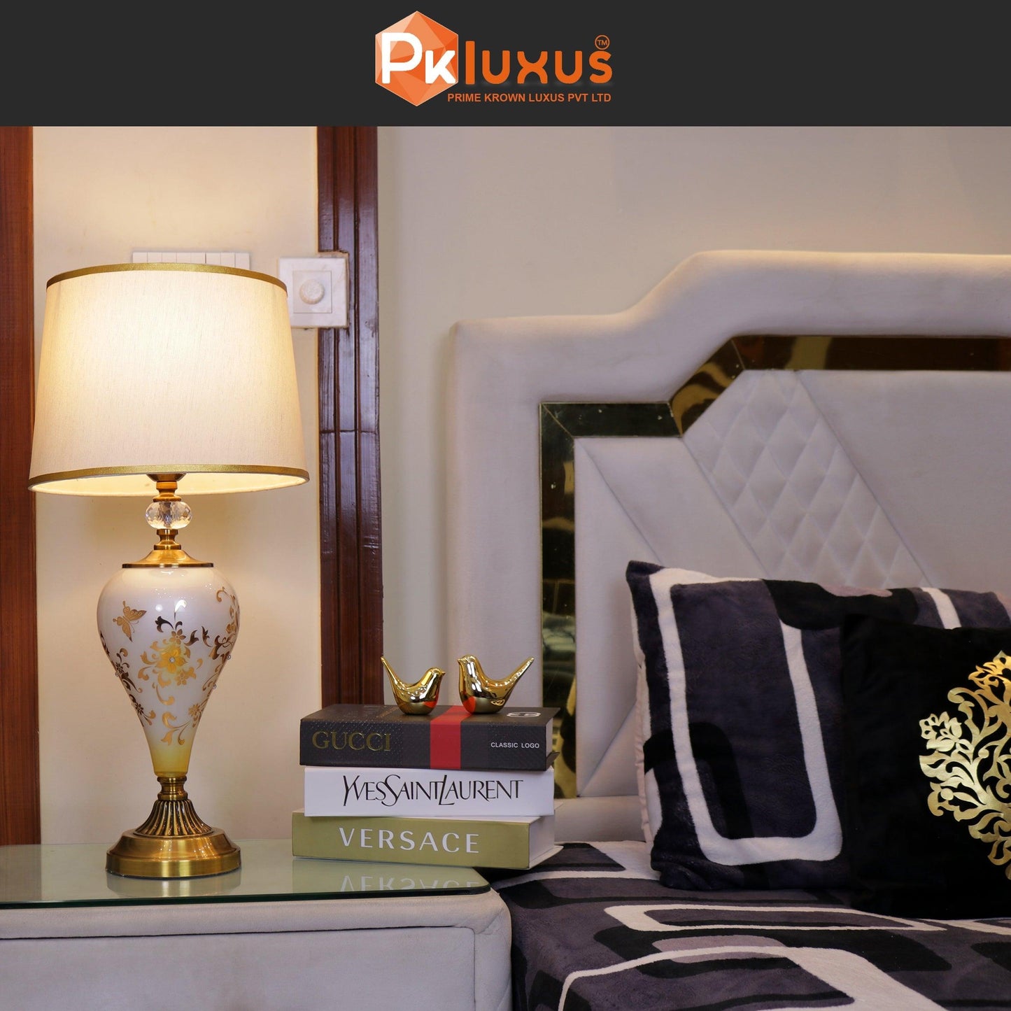 Luxury Double Lights White & Gold Ornaments Print Lamp | PK LUXUS™ - PK LUXUS