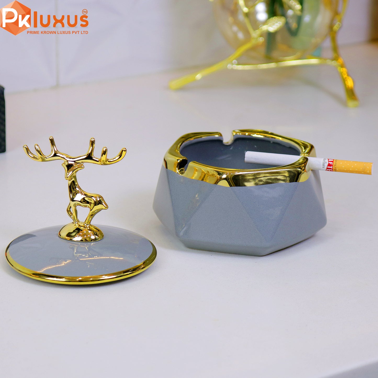 Luxury Gray & Golden Deer Ashtray With Lid By PK LUXUS™ - PK LUXUS