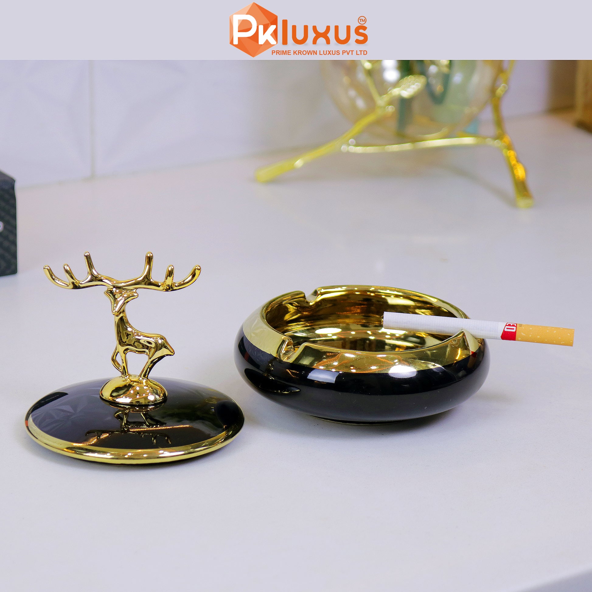 Luxury Black & Golden Deer Ashtray With Lid By PK LUXUS™ - PK LUXUS
