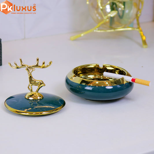 Luxury Sea Green & Golden Deer Ashtray With Lid By PK LUXUS™ - PK LUXUS