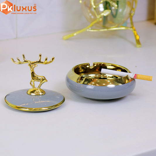 Luxury Gray & Golden Deer Ashtray With Lid By PK LUXUS™