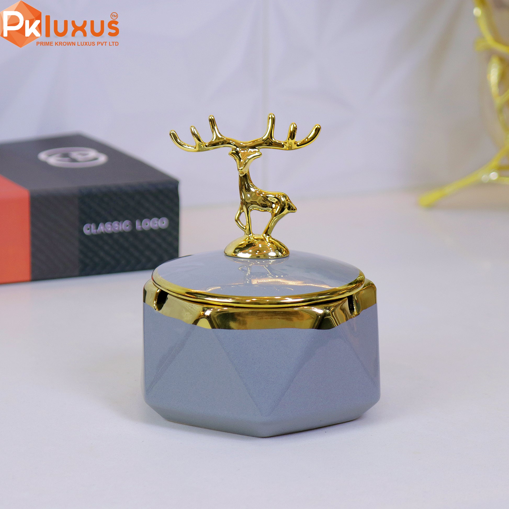 Luxury Gray & Golden Deer Ashtray With Lid By PK LUXUS™ - PK LUXUS