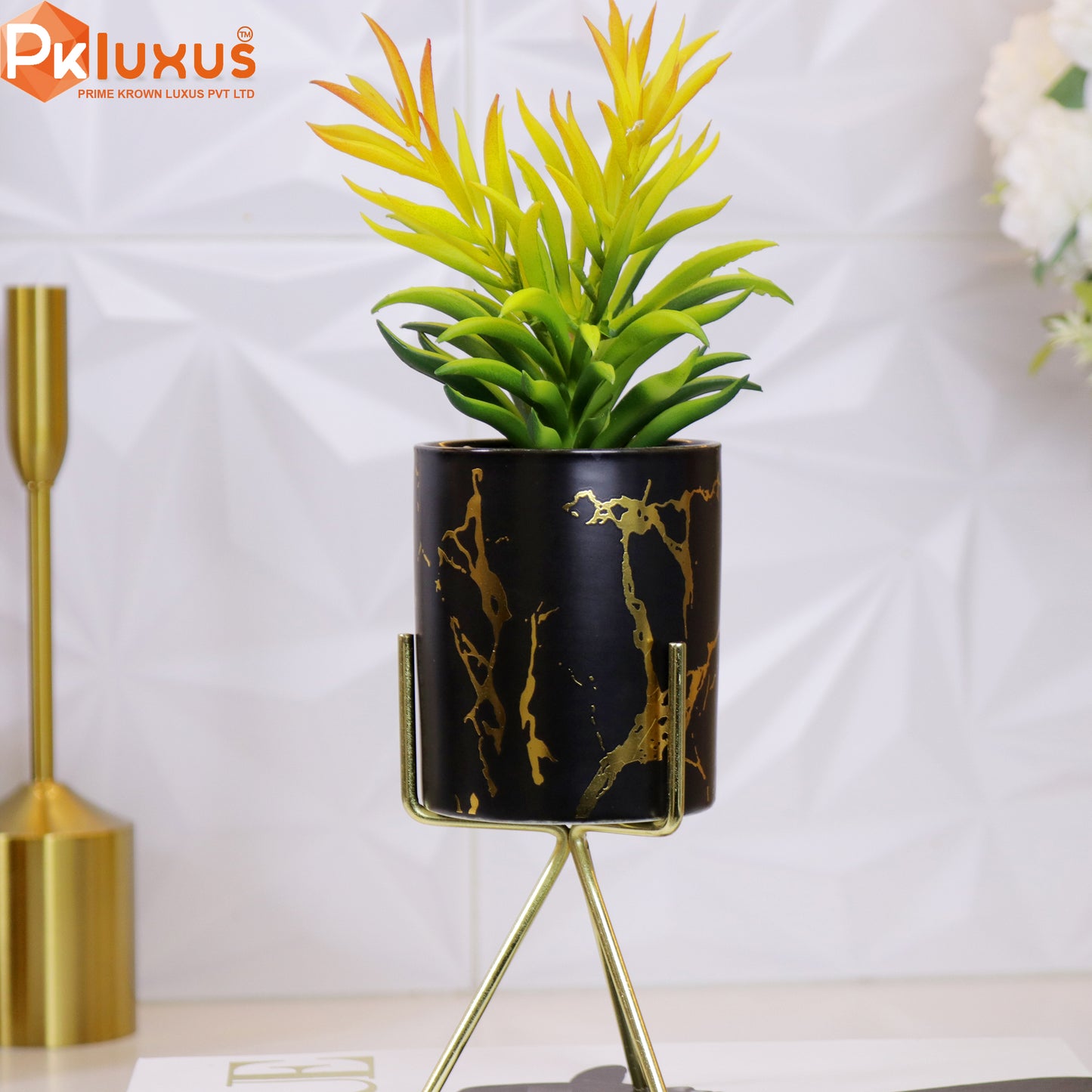12-inch Black & Gold Planter, Pot and Stand By PK LUXUS™ - PK LUXUS