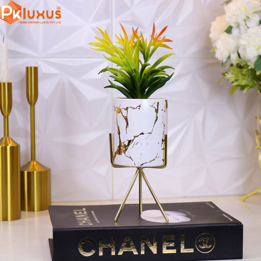 12-inch White & Gold Planter, Pot and Stand By PK LUXUS™