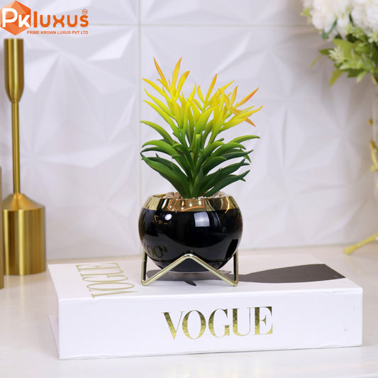 9-inch Black & Gold Planter, Pot and Stand By PK LUXUS™