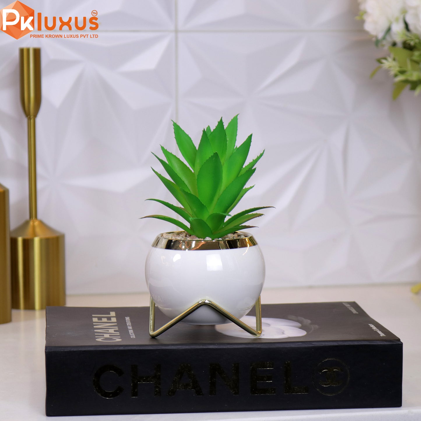 9-inch White & Gold Planter, Pot and Stand By PK LUXUS™ - PK LUXUS