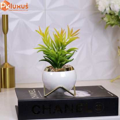 9-inch White & Gold Planter, Pot and Stand By PK LUXUS™ - PK LUXUS