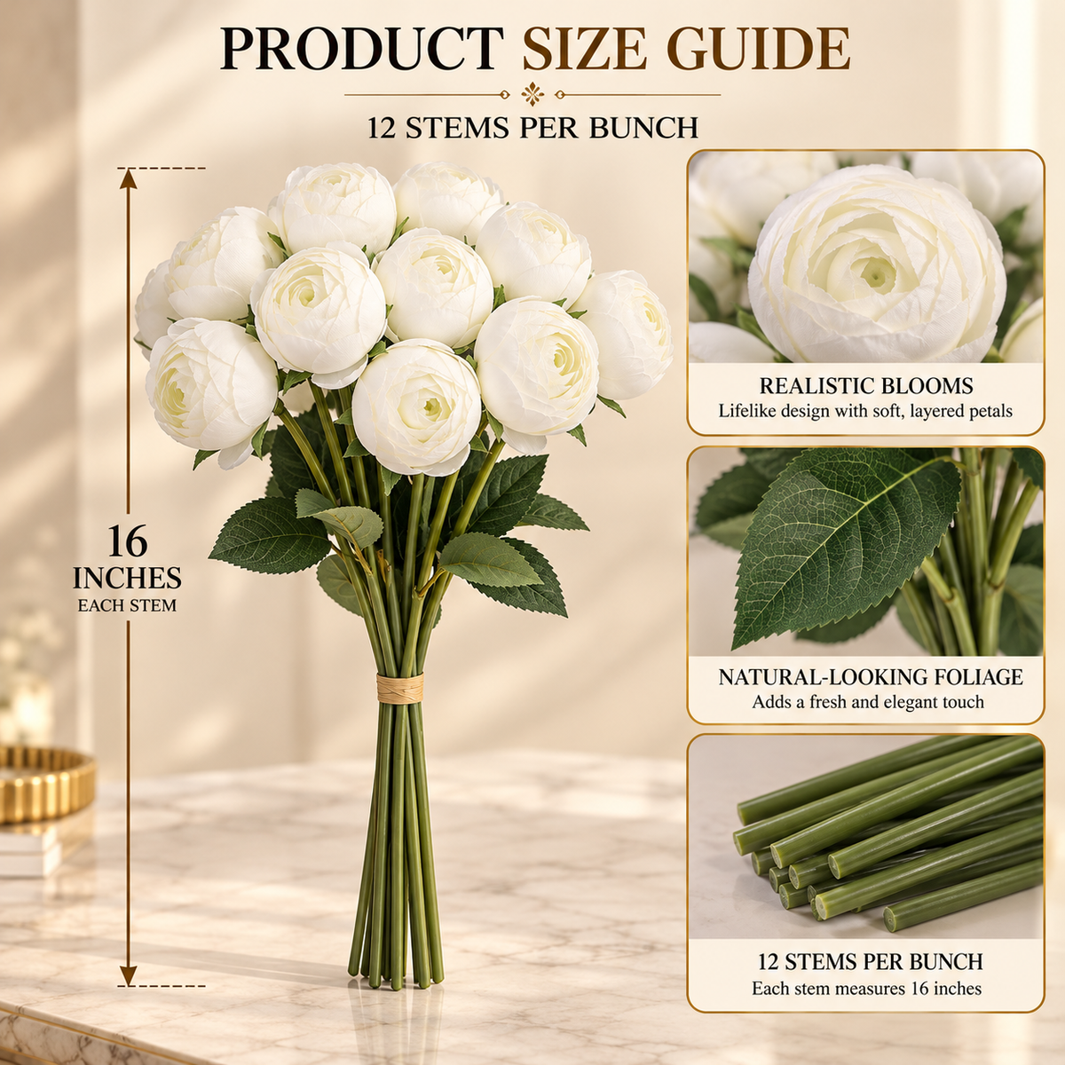 Artificial Ranunculus Flower Bunch – 12 Stems, 3 Colors By PK LUXUS™