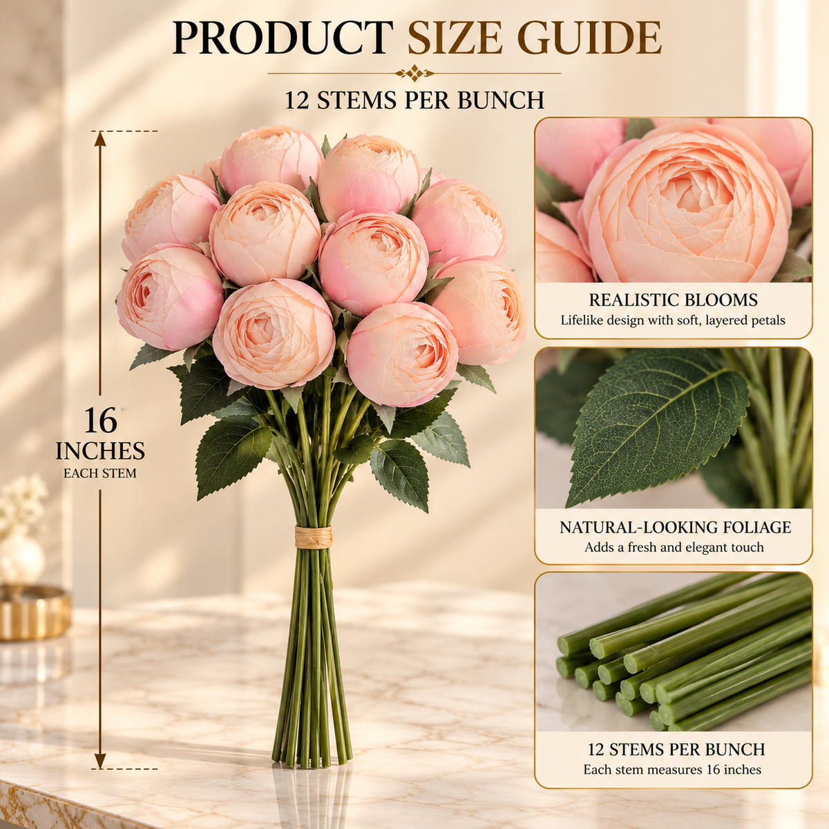 Artificial Ranunculus Flower Bunch – 12 Stems, 3 Colors By PK LUXUS™