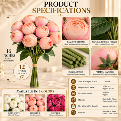 Artificial Ranunculus Flower Bunch – 12 Stems, 3 Colors By PK LUXUS™