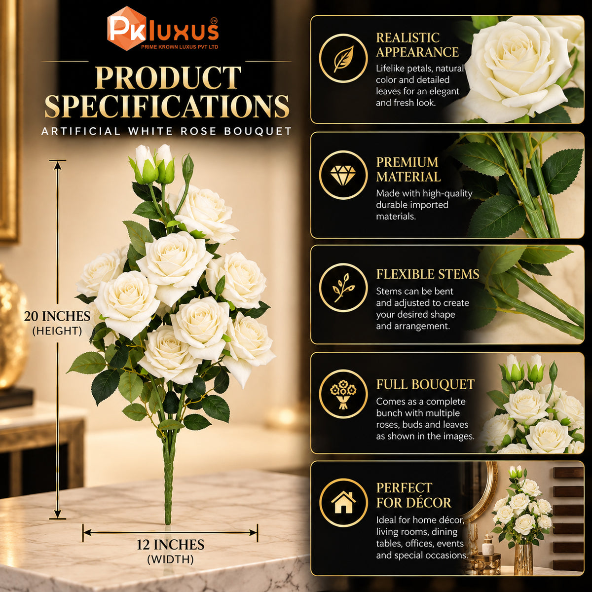 Luxury Artificial White Rose Bouquet – By PK LUXUS™