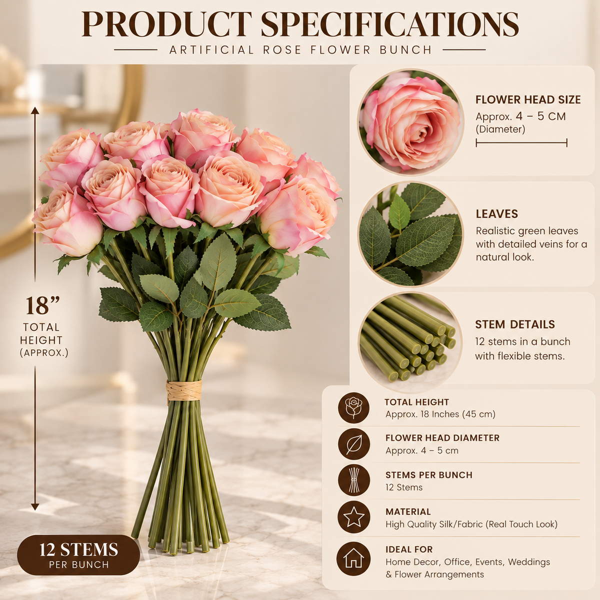 Artificial Rose Bouquet – 12 Stems, 3 Colours Available By PK LUXUS™