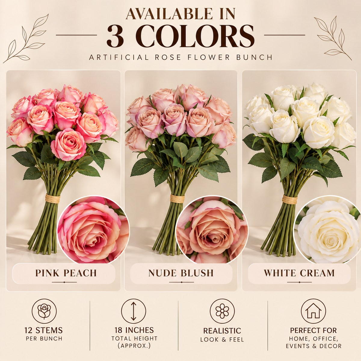 Artificial Rose Bouquet – 12 Stems, 3 Colours Available By PK LUXUS™