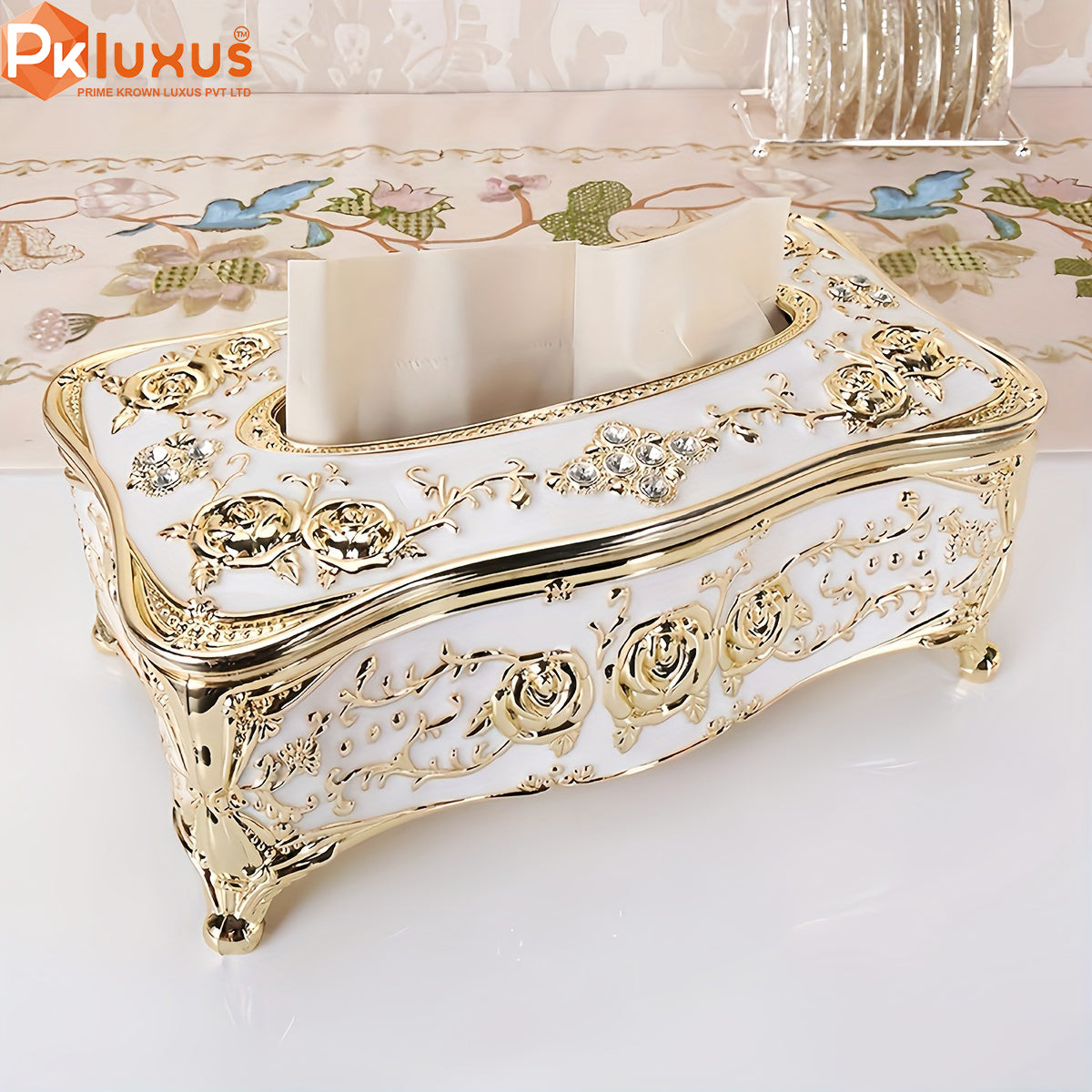 Luxury White & Gold Rose Pattern Tissue Box With Tissue Bundle By PK LUXUS™