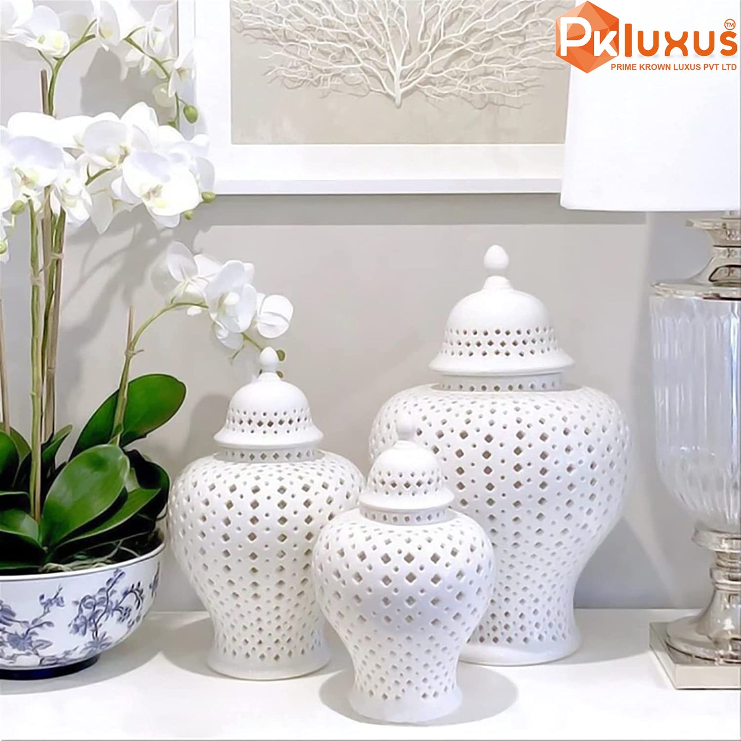 Luxury White Porcelain Hollow Jar with Lid By PK LUXUS™ - PK LUXUS